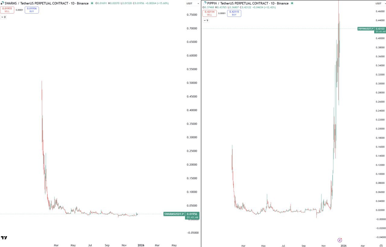 SWARMS и PIPPIN: экстремальная волатильность на Binance