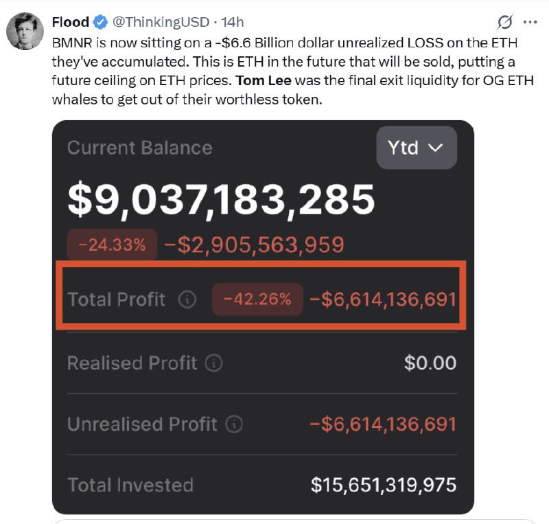 BMNR: $6,6 млрд нереализованного убытка по ETH